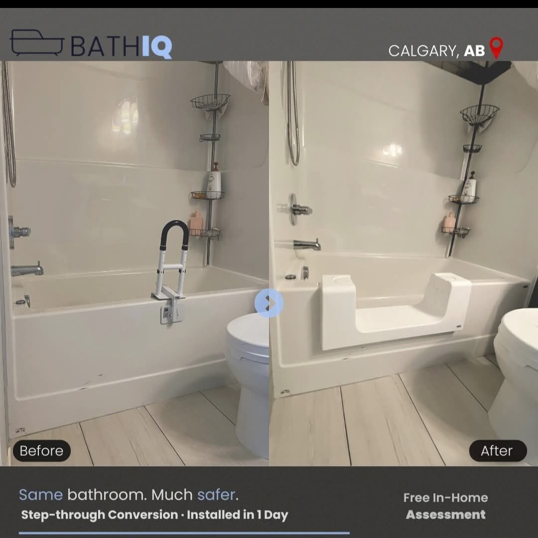 Bath IQ Calgary — Before & after: step-through conversion installed in one day