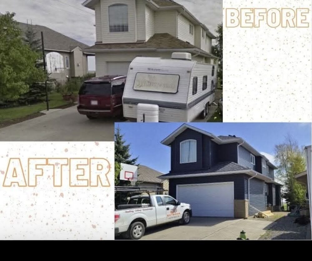 Exterior Outfitters Ltd. — Before & after — full exterior re-side with new siding and trim