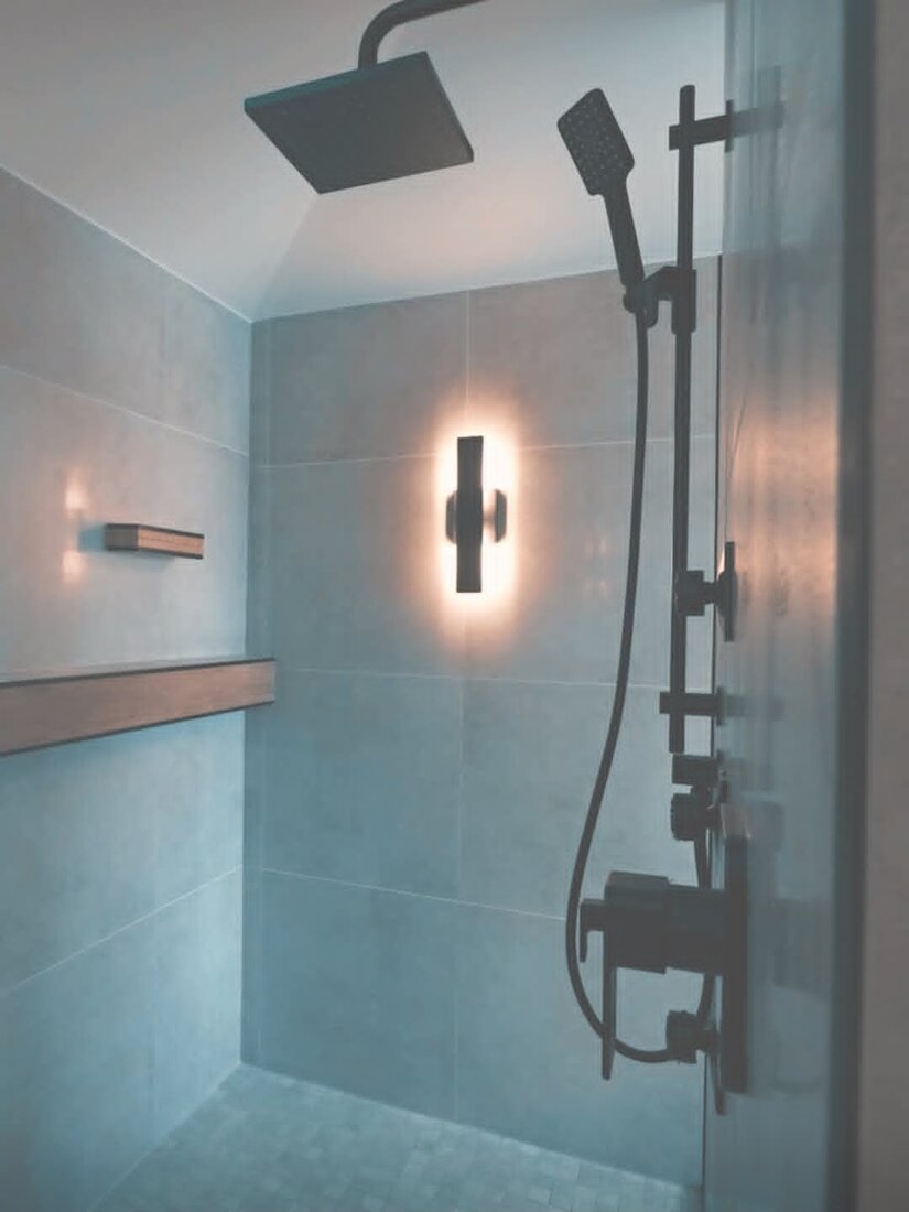 Harvest Pro Renovations — Walk-in tile shower with rainhead and handheld