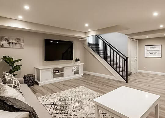 Coronation Construction — Finished basement with staircase